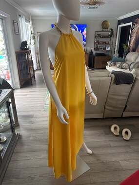 H&M Studio Collection Yellow Draped Halterneck Maxi Dress with Gold-Tone Chain